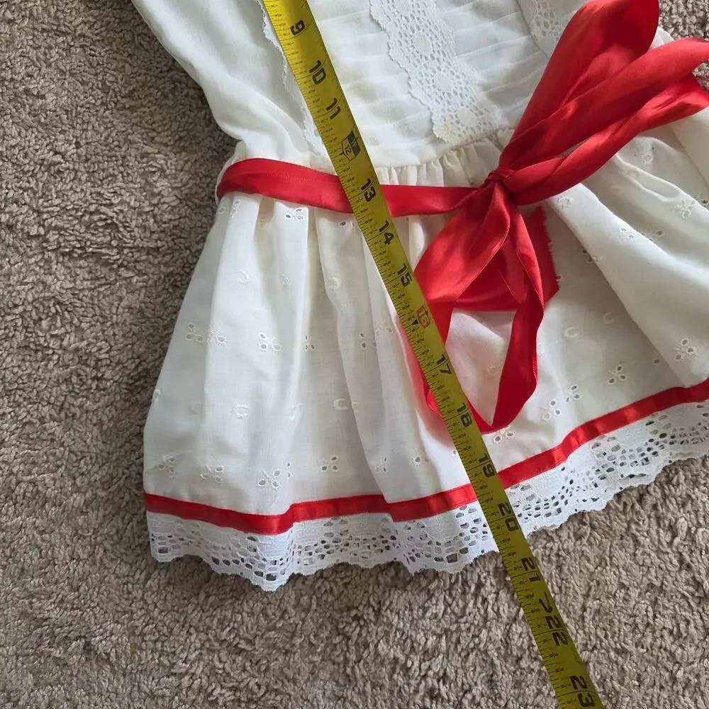 Vintage White Floral Peasant Dress Girls 4 Long Sleeve Red Roses 90s Communion